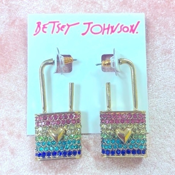 Brand New Betsey Johnson All You Need is Love Locket Crystal Rainbow Earrings - Picture 2 of 14